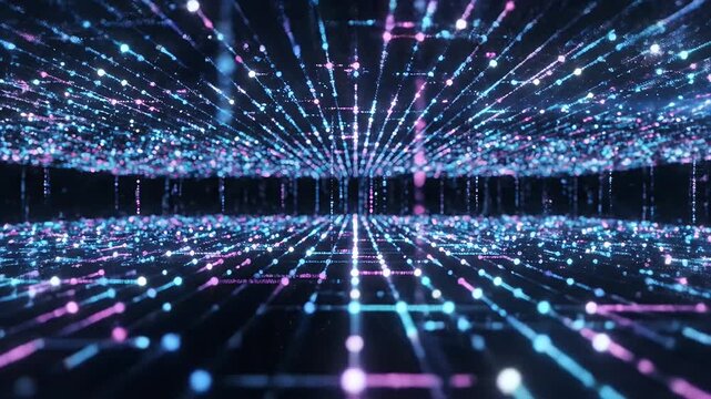 Abstract digital grid of glowing blue and pink dots receding into darkness.