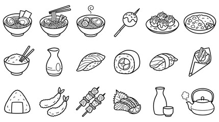 Japanese food icons set with traditional dishes. © GW