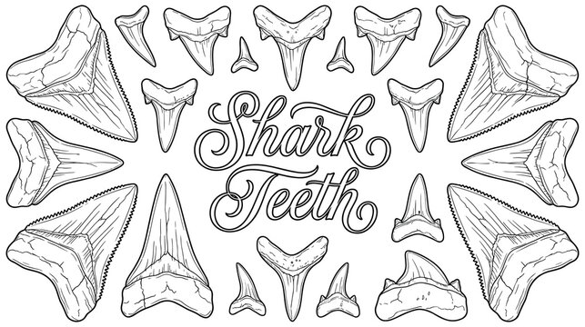 Set of shark teeth fossils in hand drawn ink illustration.