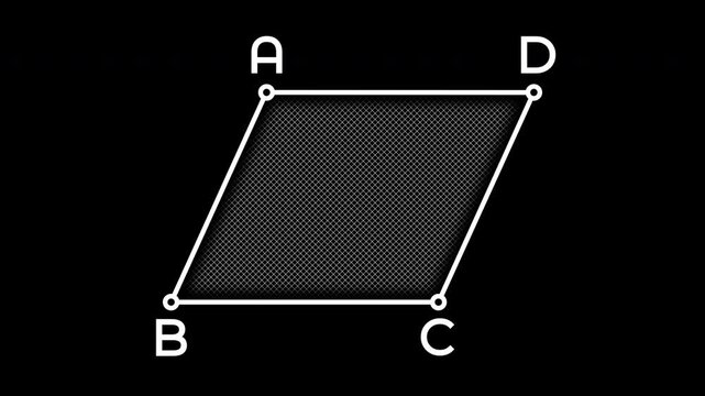 Animation of the appearance of parallelograms consisting of white lines at the intersection points of straight lines and with these points designated by letters.