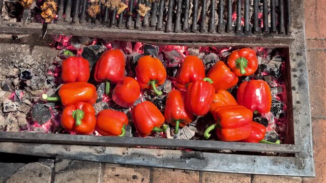 Top down view of whole red bell peppers roasting directly on hot glowing charcoal in an outdoor brazier during a summer barbecue, healthy vegan street food concept