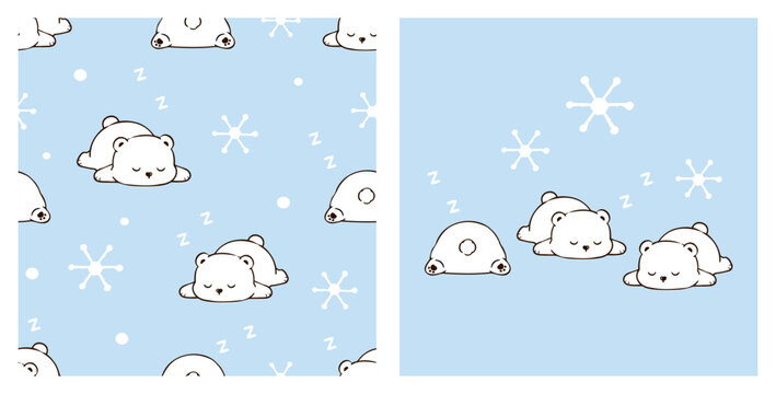 Cute sleeping polar bear seamless pattern with snowflakes on pastel blue background, adorable winter animal nursery illustration for baby products, fabric and wallpaper design