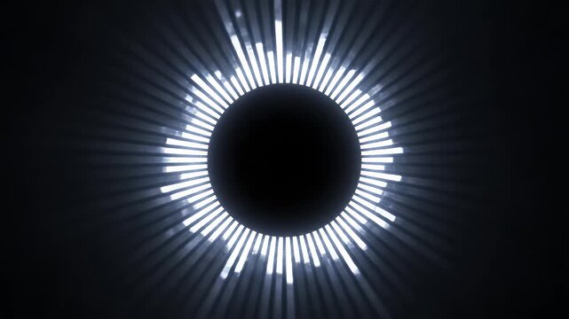 Abstract circular light equalizer with radiating beams on a dark background.