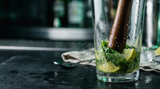 Close up of a wooden muddler pressing fresh mint leaves and lime wedges inside a clear glass on a dark countertop.