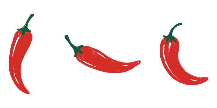 Three red chili peppers depicted in rough chalk drawing style isolated on clear backdrop.
