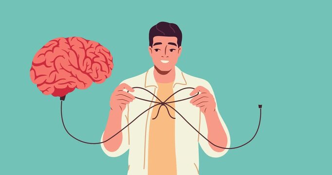Heart and brain connection. Man tie string from her heart and brain into bow. Controlling feeling with logical thinking. Balance of mind and emotions. Flat graphic animated cartoon