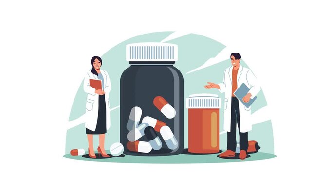 Pharmaceutical research and drug development. Medical staff in uniforms stand next to bottles of pills and tablets used for disease treatment. Developing new medicines. Flat graphic animated cartoon