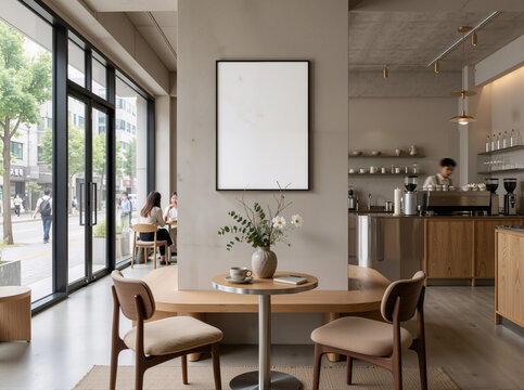 Oversized Serenity: A0 White Poster Anchors a Stone-Wall Caf&eacute; Nook&mdash;Warm Bench, Sculptural Pendant, and Handcrafted Details Evoke Quiet Luxury in 8K Photorealism