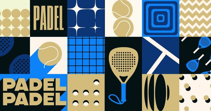 Stylish neo geometric motion design related to padel. Abstract repeating background with paddle racket, ball, and court. Equipment for sports games. Flat graphic animated cartoon