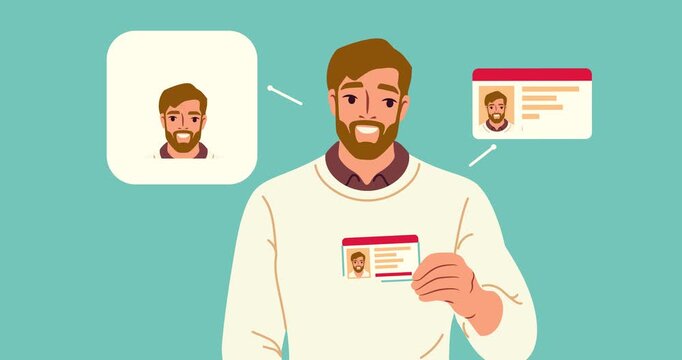 Man showing his ID. Character hold personal document and undergo identity verification using facial recognition system. Cybersecurity and Safety. Flat graphic animated cartoon