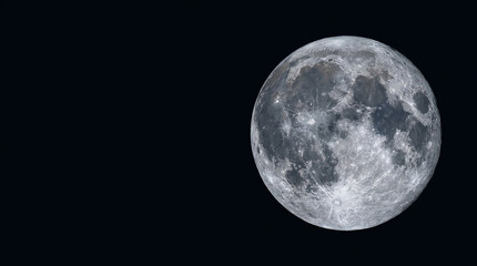 Fototapeta premium Full moon rises over dark night sky with visible craters and maria on lunar surface in high detail