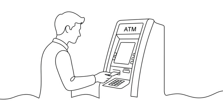 Line art of person inserting bank card into automated teller machine for cash withdrawal now.