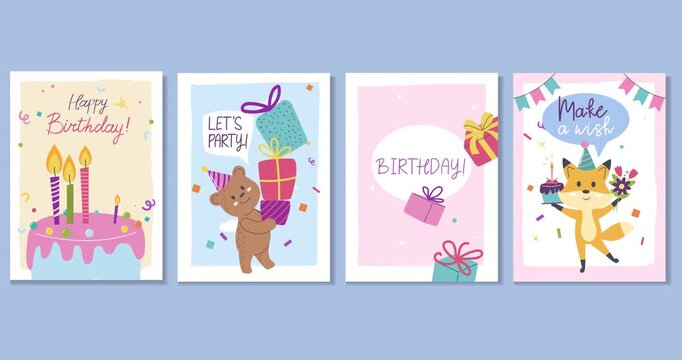 Happy birthday greeting card set. Birthday party invitations with cute animals, cake, gift boxes and decorative garlands. Holiday celebration. Flat graphic animated cartoon