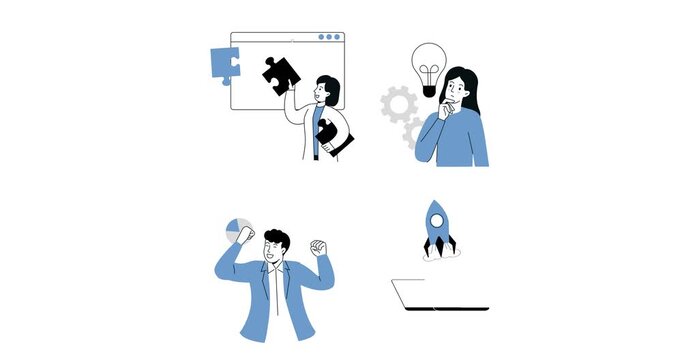 Digital marketing motion graphics. Male and female entrepreneurs analyze market, come up with new ideas, launch startup, and promote business online. E commerce. Outline animated cartoon