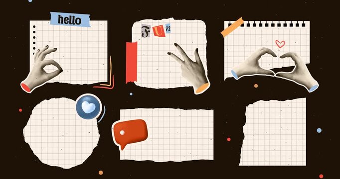 Torn notebook paper motion graphics. Ripped pages decorated with emojis, sketches, stickers and tape pieces. Modern punk style notes with halftone textured hands. Flat animated cartoon