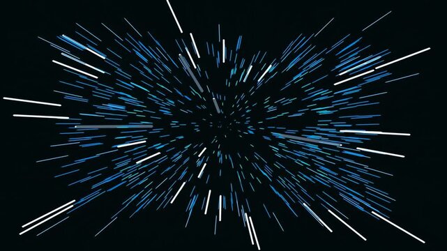 Abstract hyperspace motion background with glowing blue and white light streaks radiating from center.