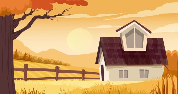 Cozy countryside house motion graphics scene. Rural home surrounded by autumn fields, fall trees, flying birds and mountains. Peaceful village landscape and seasonal nature. Flat animated cartoon