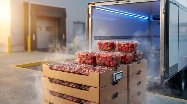 Smart cold chain logistics with fresh strawberries. Clamshell packages of organic red strawberry berries in cardboard boxes loaded into refrigerated truck at warehouse during sunset