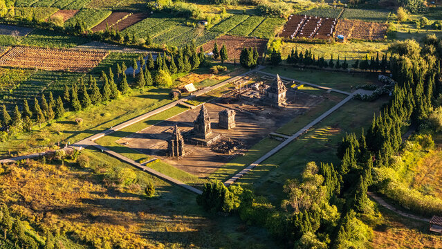Aerial view of the ancient Arjuna Temple complex surrounded by lush green agricultural fields and terraced farmland in the Dieng Plateau, Indonesia.
