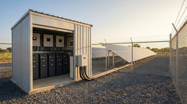 Community microgrid equipment shed with battery and solar tie-in