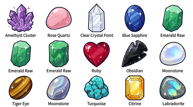 A collection of various precious and semi-precious stones including Amethyst, Quartz, Crystal, Sapphire, Emerald, Ruby, Obsidian, and others on display.