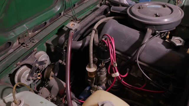 Close up of a vintage car engine compartment featuring bright red spark plug wires and mechanical components. Dust covers the surfaces of the air filter, hoses, and green metal bodywork.