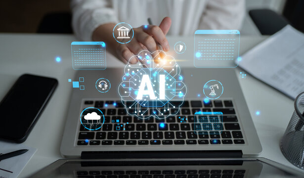 AI Technology Integration with Laptop and Hand Gesture Indicating Innovation and Future Trends in Digital Computing Haptic.