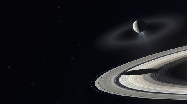 Saturno com seus an?is proeminentes e uma lua brilhante orbitando ao fundo em um cen?rio espacial profundo estrelado.