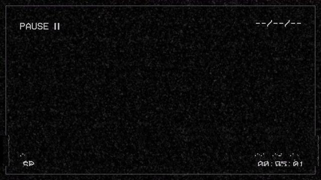 Retro analog vhs pause screen with grainy static noise and old timecode