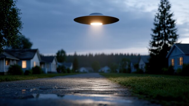 ufo sighting, suburban usa, ufo sighting sparks fear and wonder, saucer reflection in rain puddles, spielberg-esque vibe, retro sci-fi feel, detailed realism, cinematic lighting