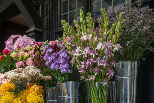 Close up view of vibrant purple and pink flowers in zinc and glass vases at an outdoor market stall.