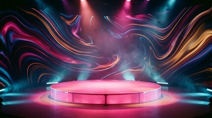 Obraz premium An empty stage glows with vibrant colored lights and swirling patterns on the backdrop.