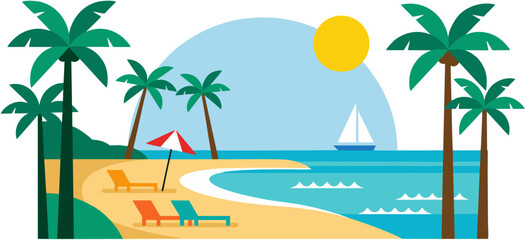 Obraz premium Tropical Beach with Palm Trees Vector Illustration