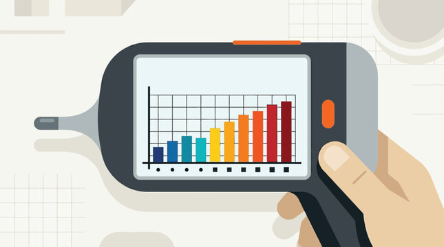A flat vector illustration showing a hand holding a digital thermometer displaying a colorful rising bar chart growth trend analysis