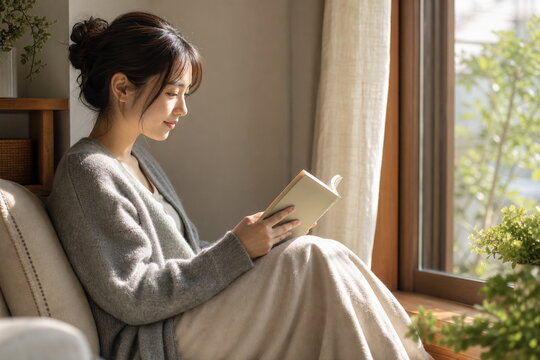 窓辺で読書を楽しむ穏やかな日本人女性