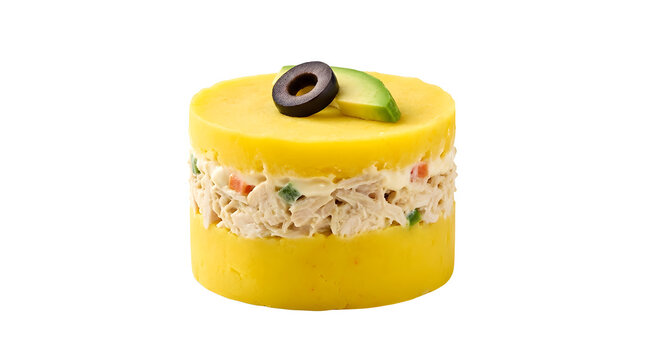 Layered Peruvian causa rellena cold potato terrine with chicken salad and avocado slices