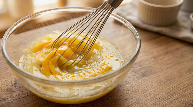 Wire whisk mixing yellow egg yolks and white in clear glass bowl on wooden kitchen table surface with ramekins nearby