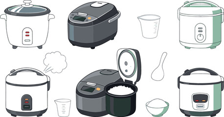 Obraz premium Electric rice cooker vector collection featuring modern digital and traditional kitchen appliances with measuring cup spoon steaming vent and cooked bowl of rice