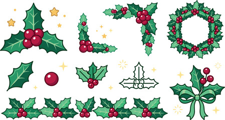 Christmas holly berry vector design elements collection with cartoon wreaths corners borders leaves red berries stars and decorative bow isolated on white background © MstRowshanAra