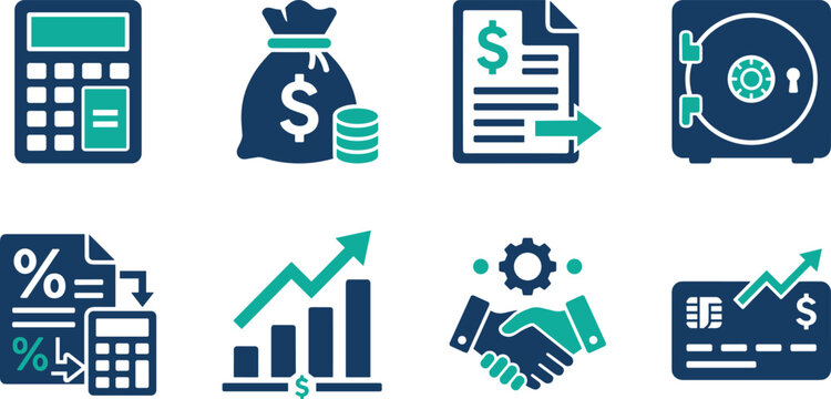 Collection of business and finance icons with calculator, money bag, financial document, and bank vault.