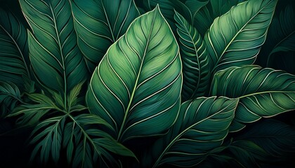 Fototapeta premium Tropical Green Leaf In Dark Tone