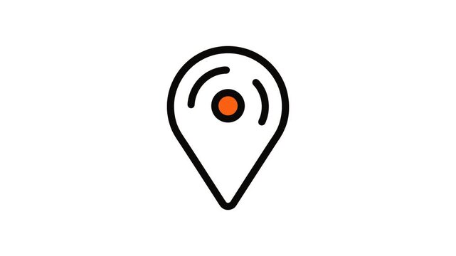 Animated line art location pin icon sequence. Minimalist map marker symbol with orange dot on white background. Motion graphics element for navigation and travel apps.