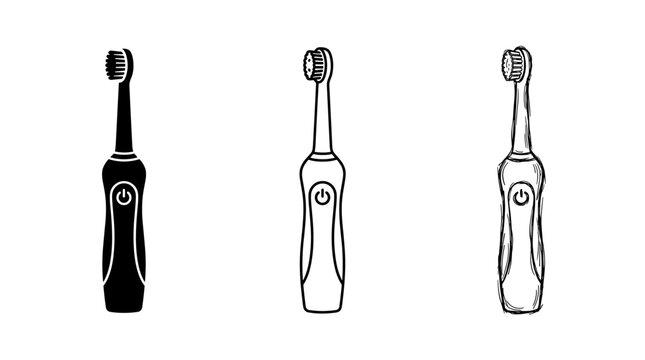 Set of isolated electric toothbrush illustrations with two outline styles and one solid fill design on