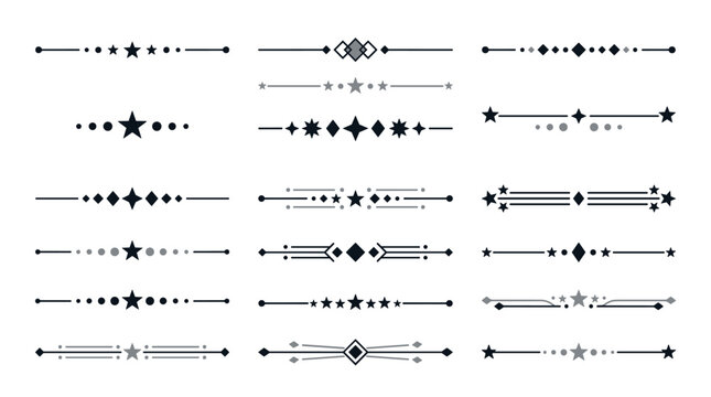 Elegant geometric borders and dividers set with stars and diamonds for decorative graphic design elements