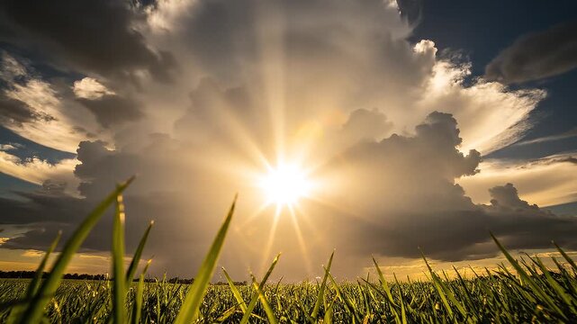 Beautiful low angle view of vibrant green grass field with a dramatic bright sun burst breaking through big fluffy dark storm clouds for spectacular nature background