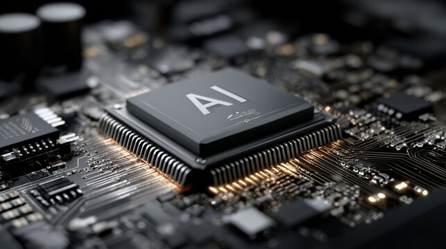 Close-up of advanced computer processor chip on circuit board with golden connectors and futuristic lighting