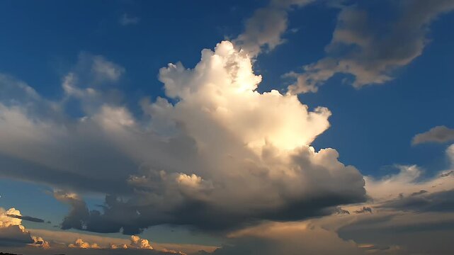 Majestic white cumulonimbus cloud formation glowing under golden sunset light with deep blue sky background for dramatic weather and nature photography concepts