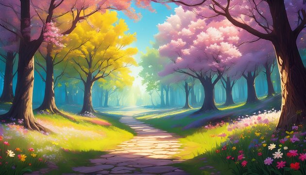Colorful Forest Path Spring Scene Digital Art Fantasy Landscape