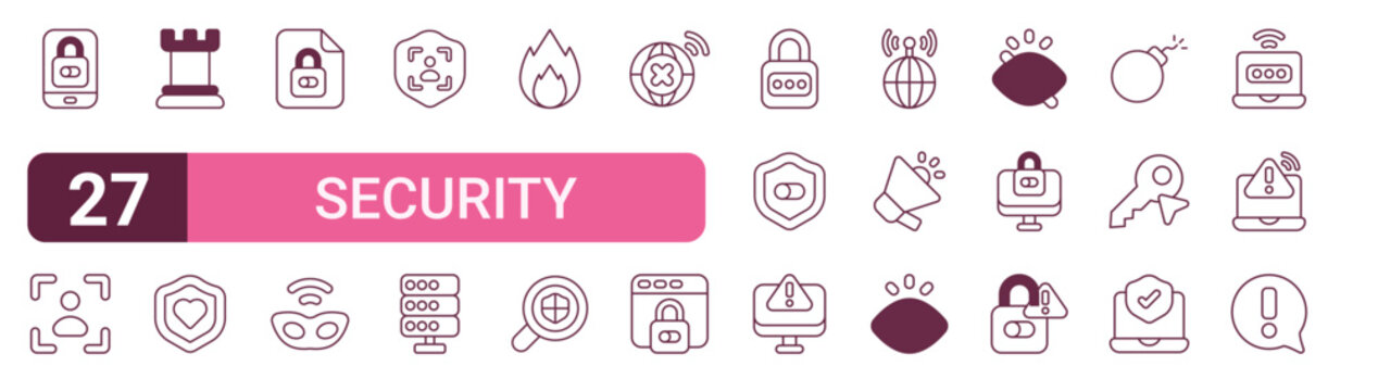Set of 27 outline Security icons for modern UI, landing pages and digital services. Editable stroke collection with mobile lock, identification, fortress, database, security and security.