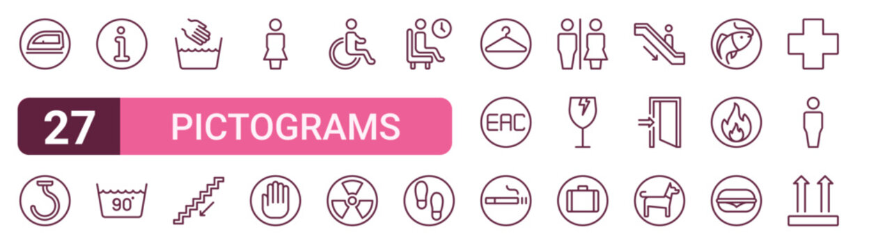 Set of 27 outline Pictograms icons for modern UI, landing pages and digital services. Editable stroke collection with ironing, hoist, info, hand, eac and dog.